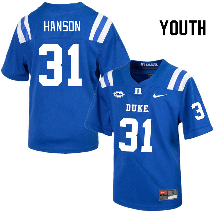 Youth #31 River Hanson Duke Blue Devils College Football Jerseys Stitched Sale-Royal - Click Image to Close